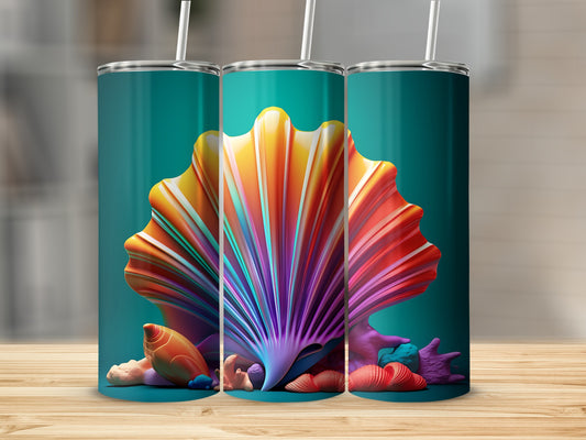 Triptych of colorful abstract seashell designs on teal background.