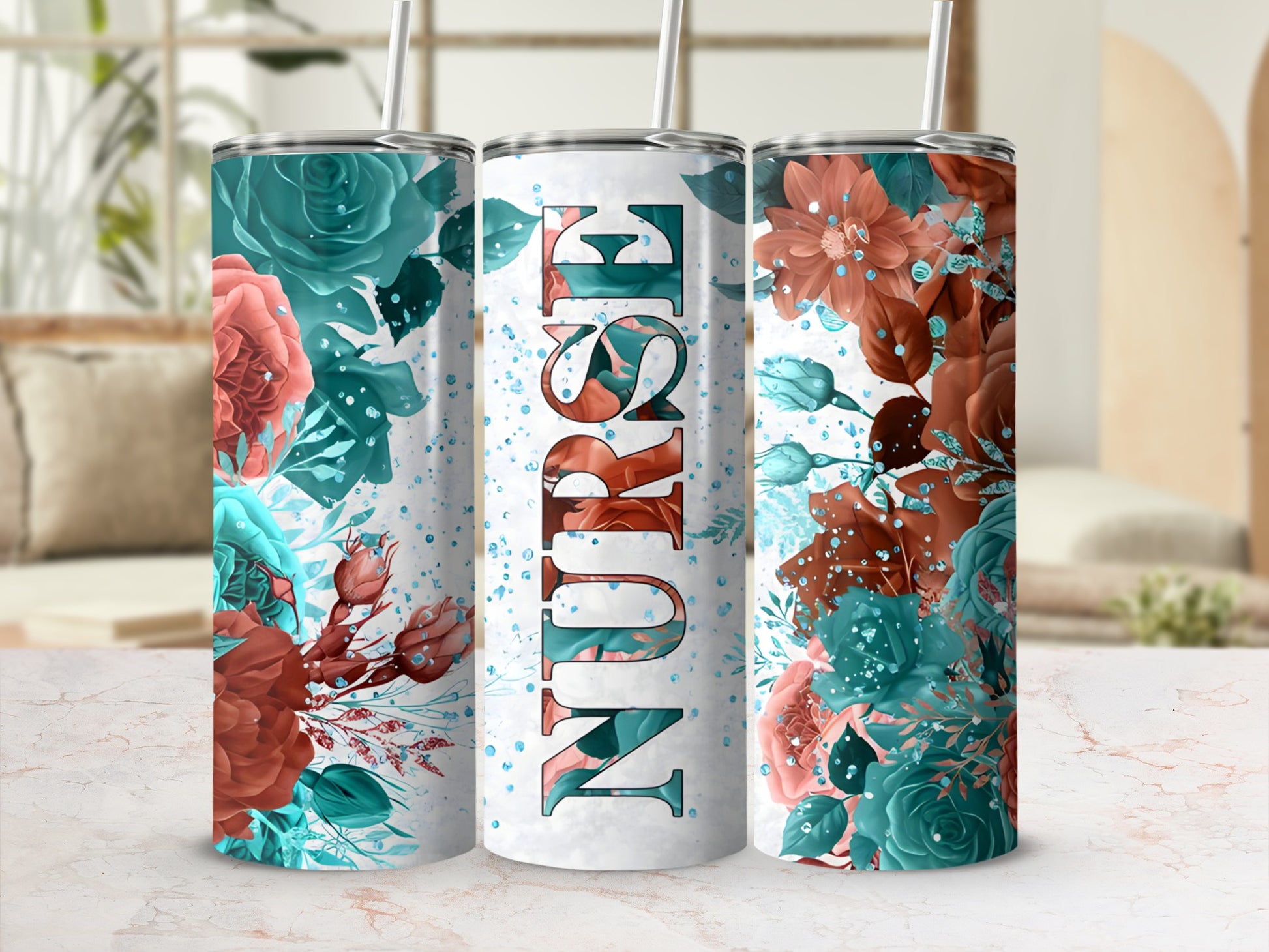 Nurse tumbler with teal and coral floral design and speckled background.