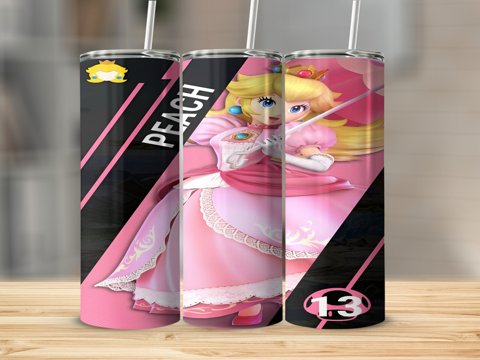 Princess Peach from Mario, depicted on a pink tumbler with white straw.