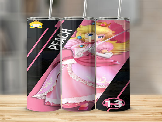 Princess Peach from Mario, depicted on a pink tumbler with white straw.
