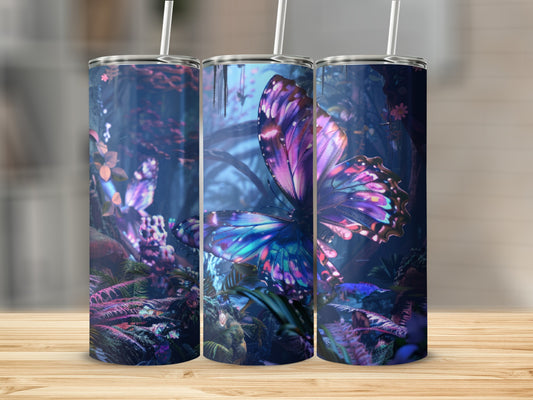 Three tumblers with a vibrant butterfly and floral design.