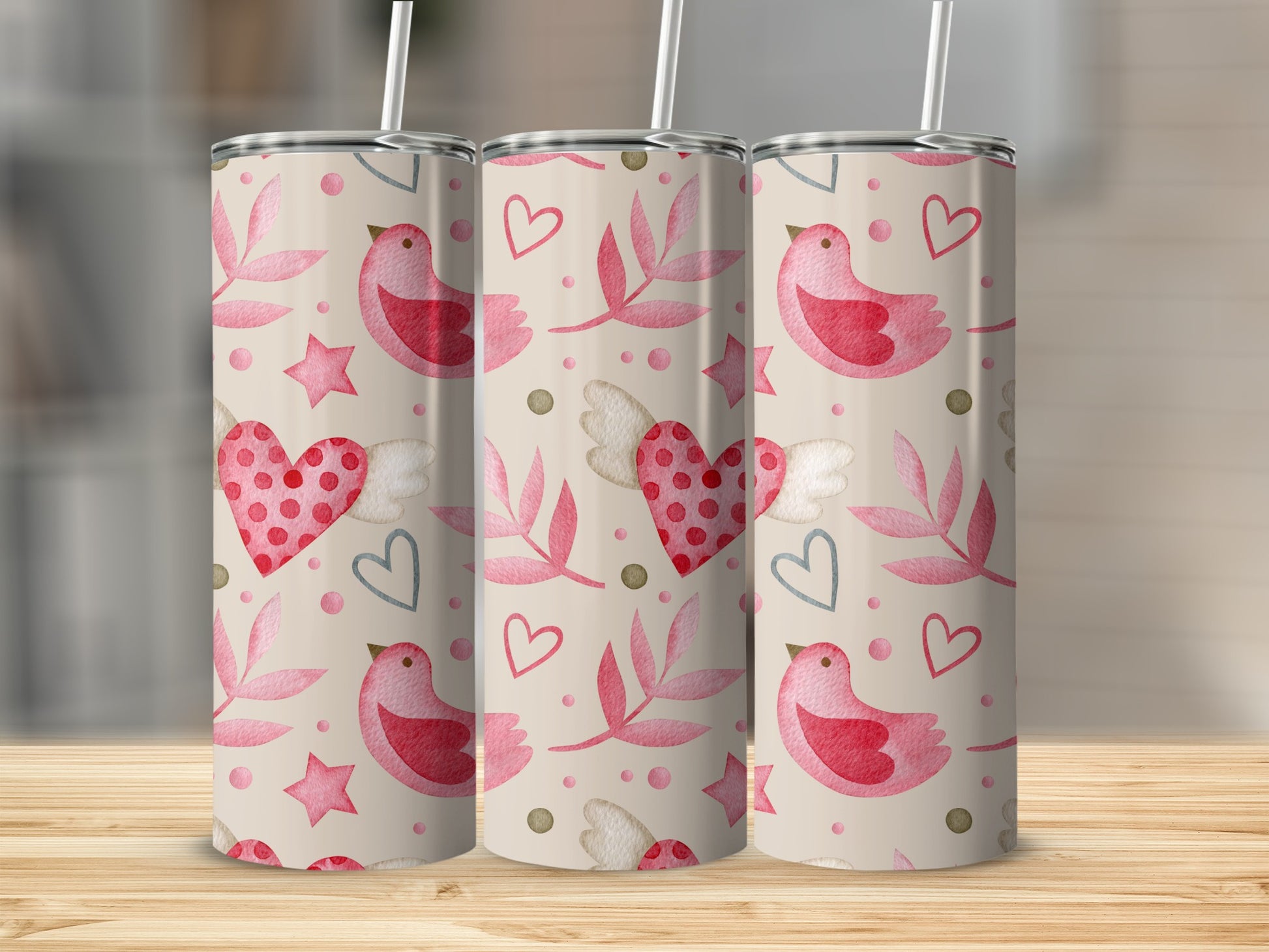 Pink Birds and Hearts Print Tumbler