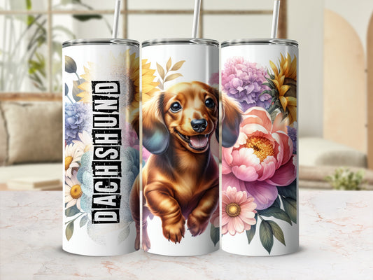 Dachshund with flowers on a tumbler.