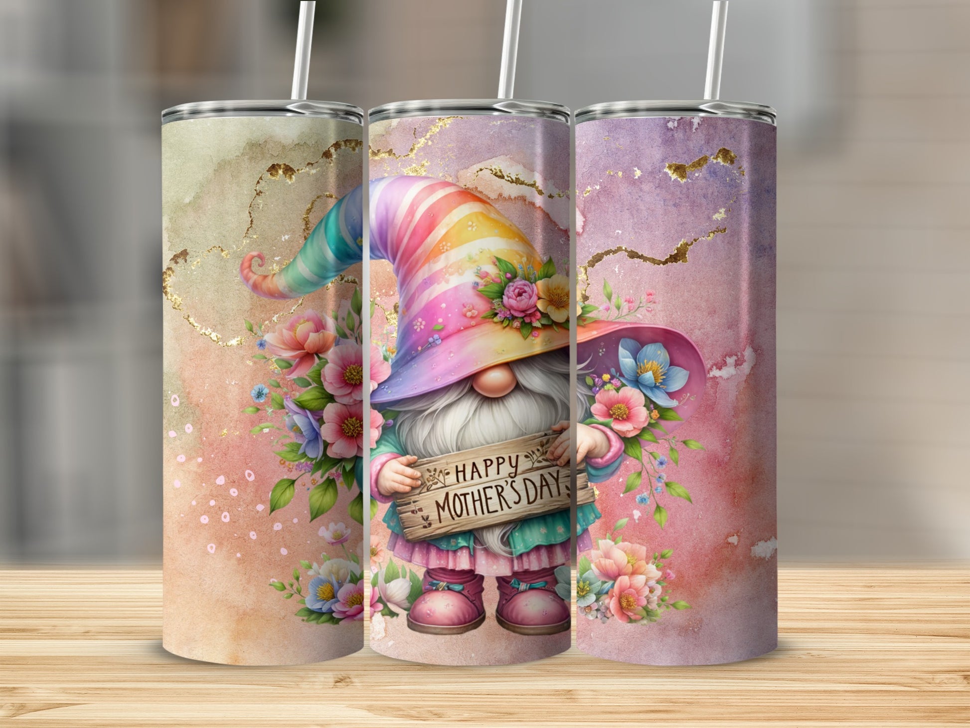 Colorful Mother's Day Gnome Tumbler with Floral Design