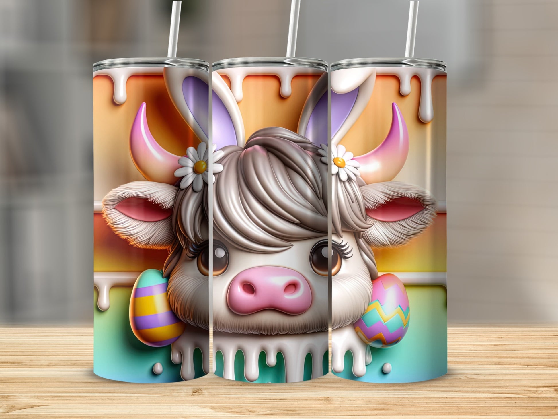 Kawaii cow with bunny ears and Easter eggs on a colorful gradient.
