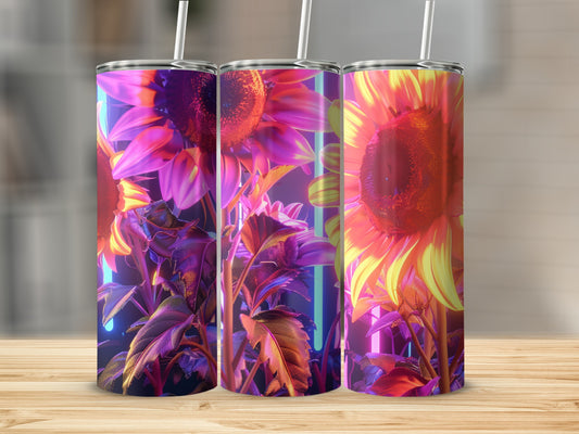 Three tumblers with neon-lit sunflowers and leaves.