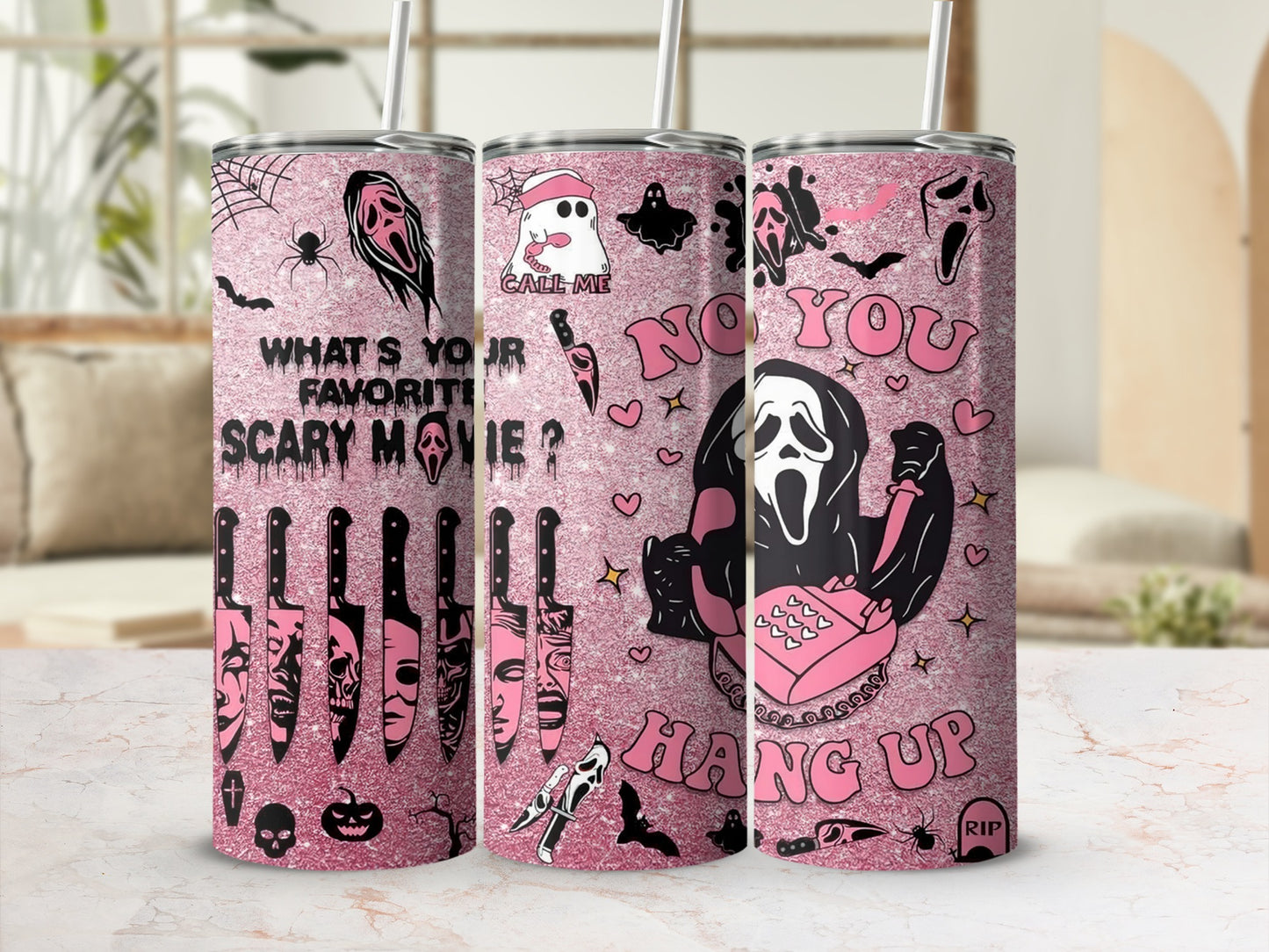 Pink glitter tumbler with Halloween icons, knives, and "No You Hang Up" text.