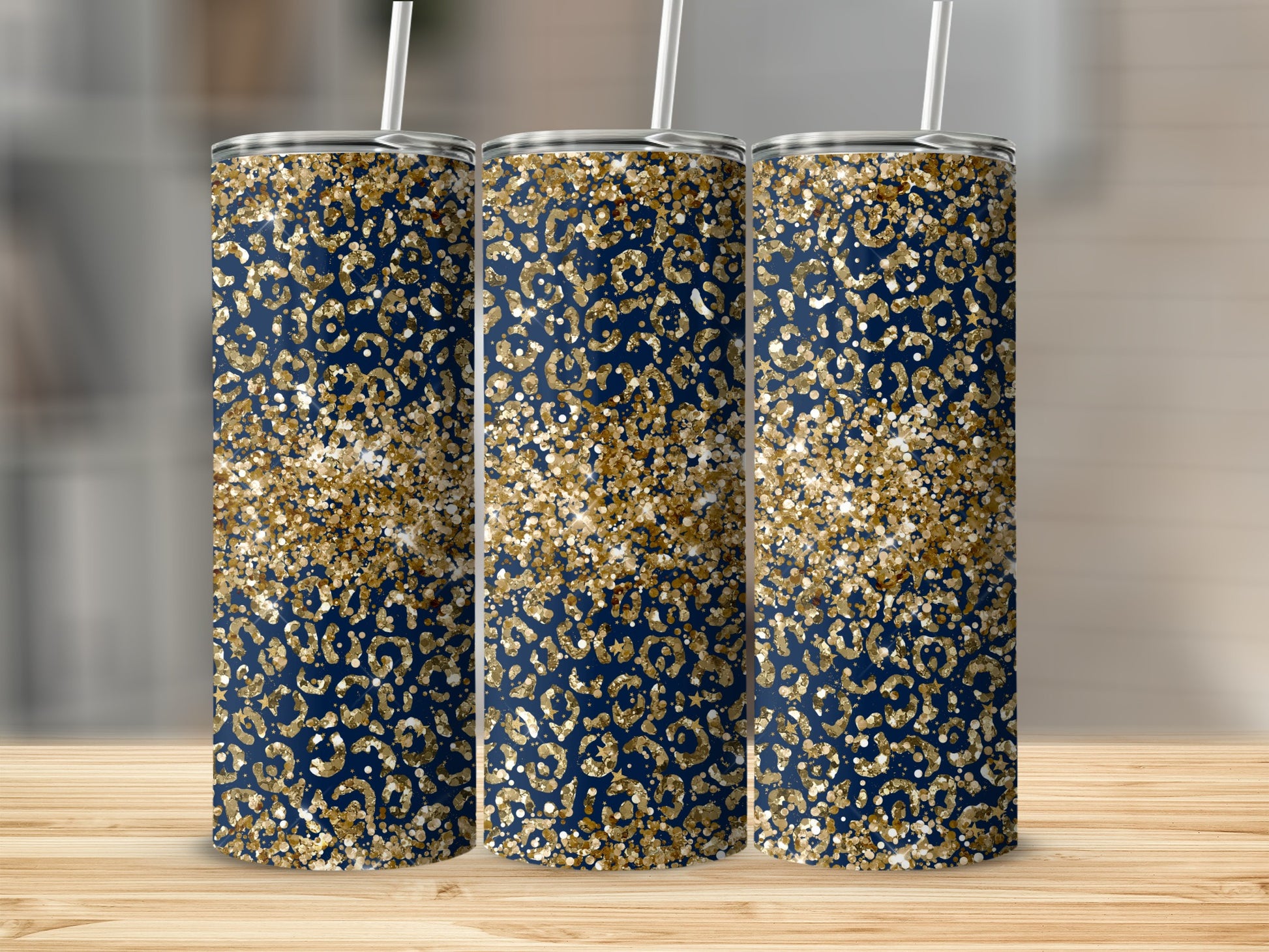 Glittery Leopard Print Design Tumbler with Straw
