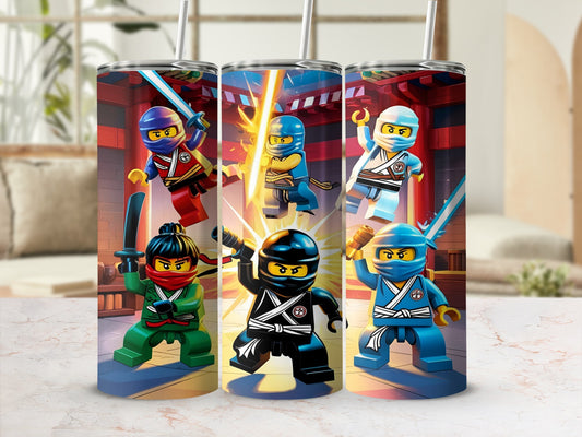 Four LEGO Ninjago characters with weapons against a blurry background.