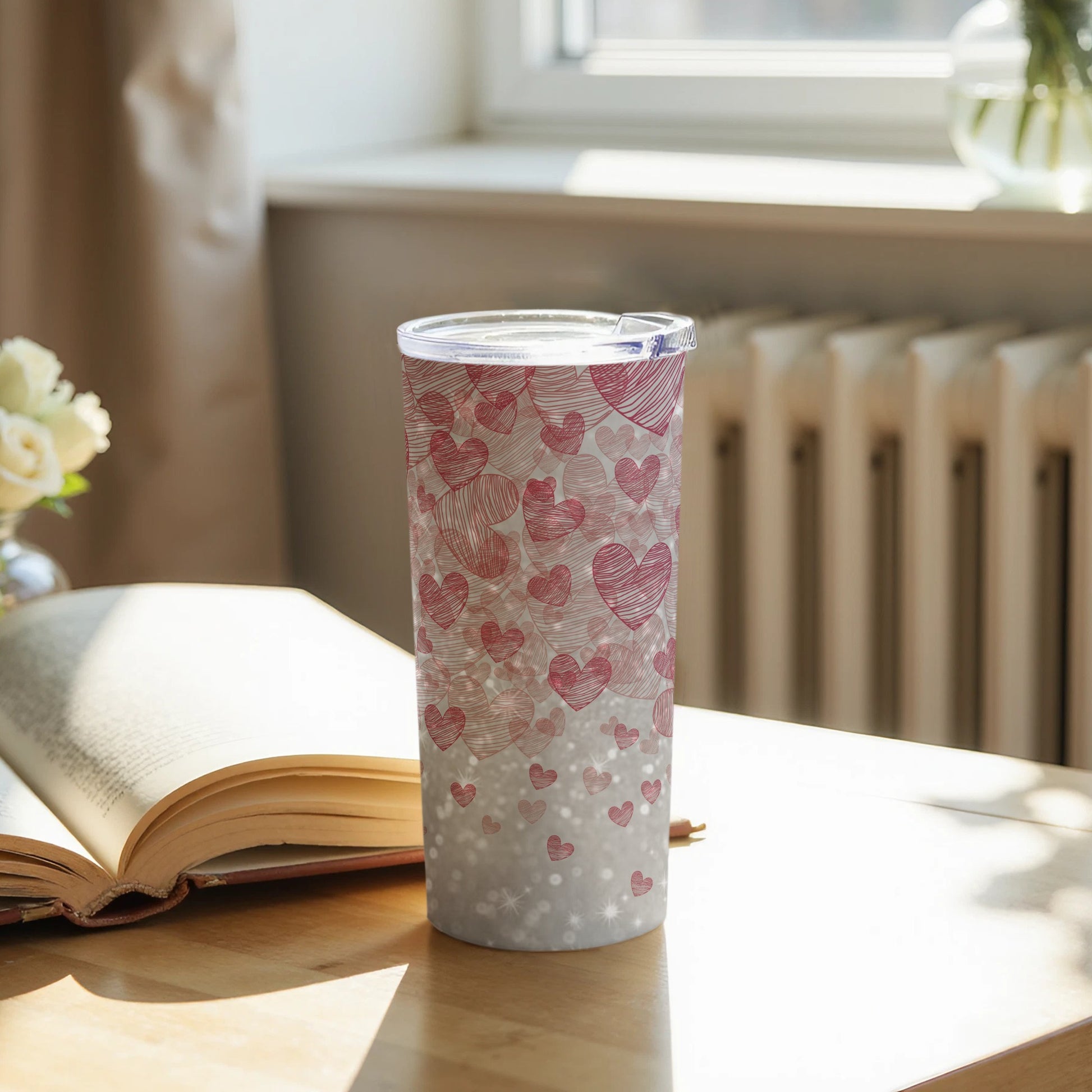 Pink Hearts Pattern on Gray Background Tumbler