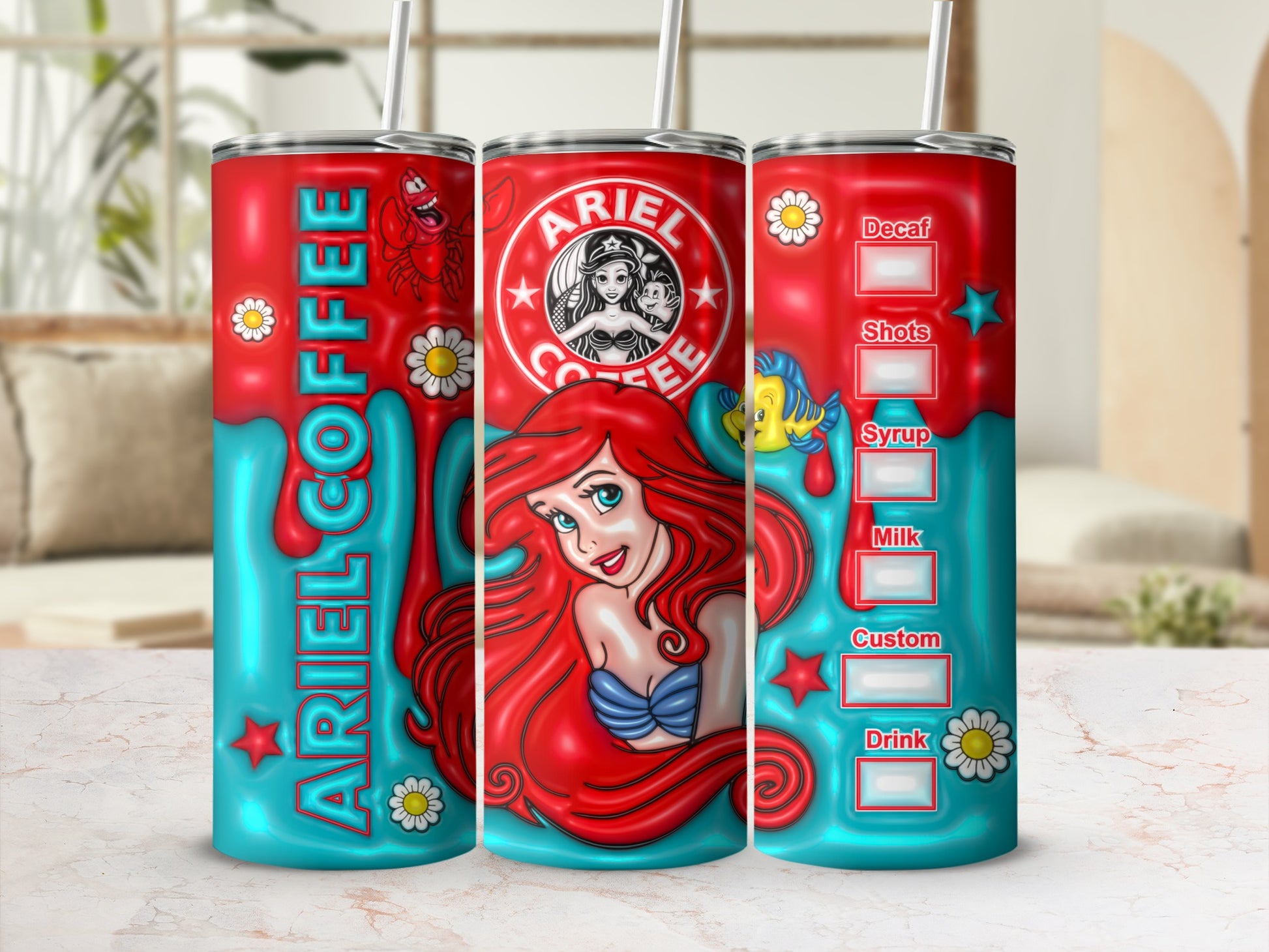 Ariel Coffee Mermaid Theme Customizable Drink Tumbler