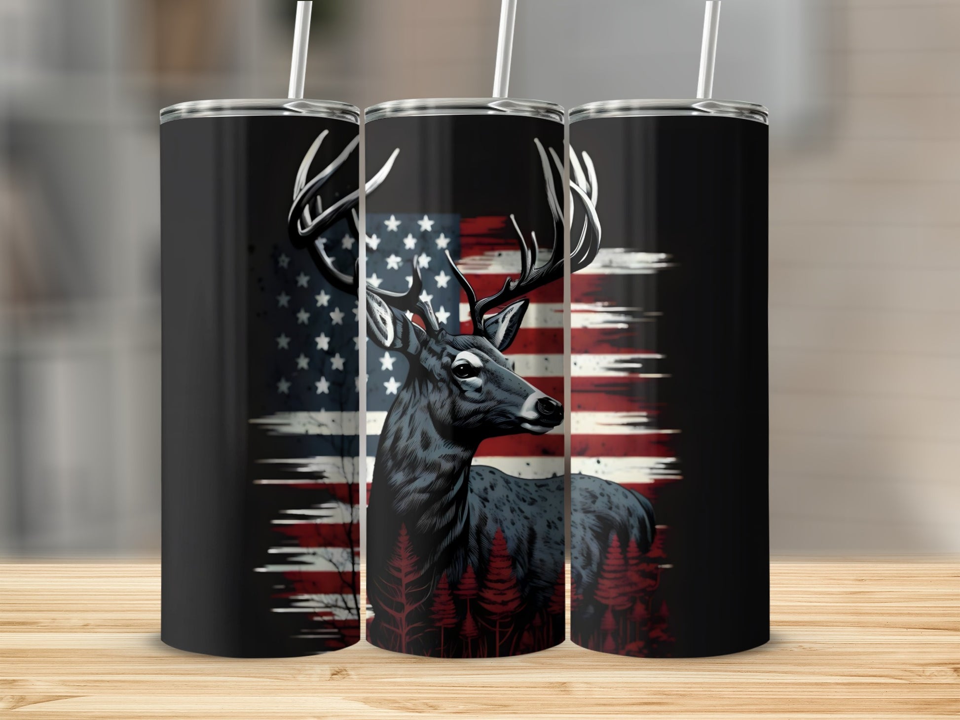 Deer against distressed American flag and pine trees on a black tumbler.