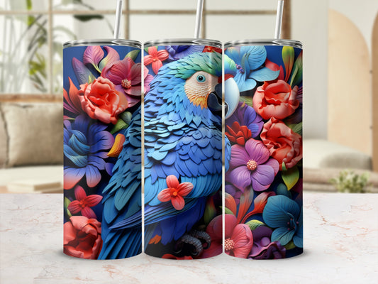 Blue parrot with colorful flowers on a navy blue tumbler.