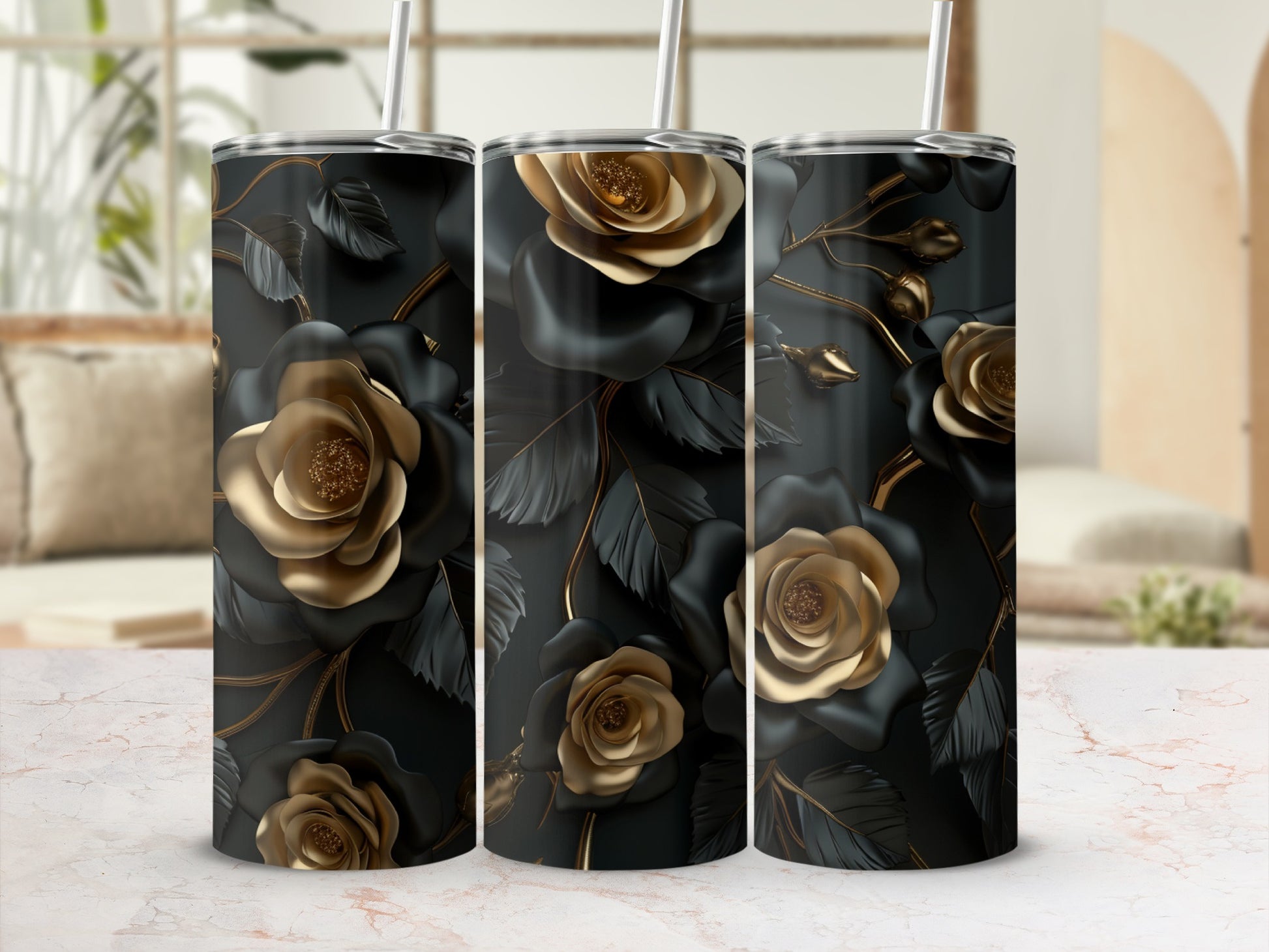 Three tumblers with dark floral pattern and gold roses.