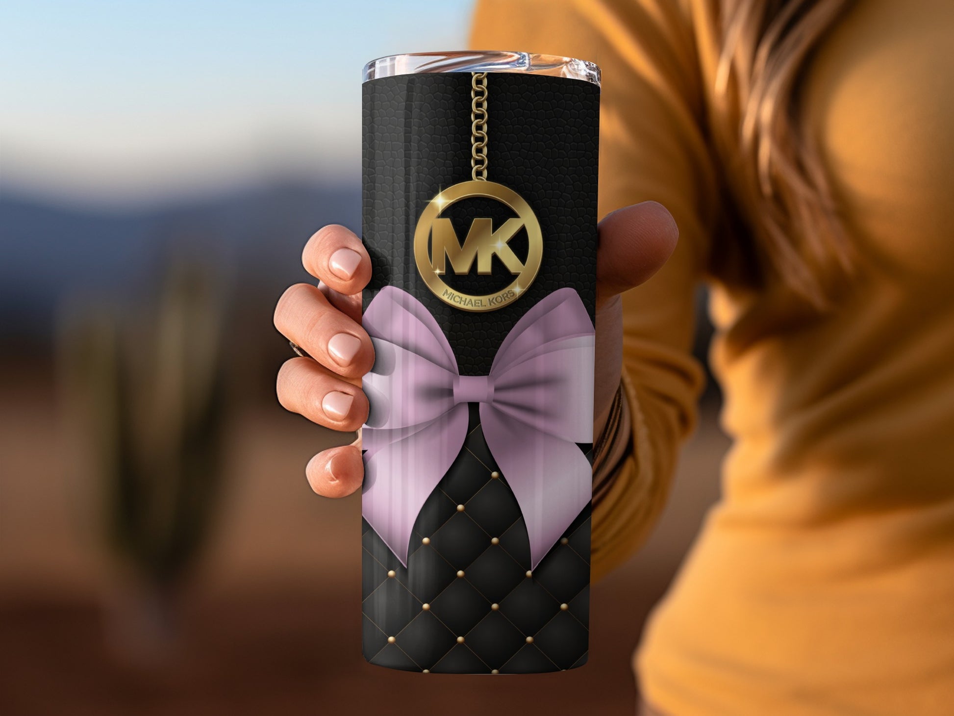 Stylish Designer Tumbler with Pink Bow and Gold Emblem