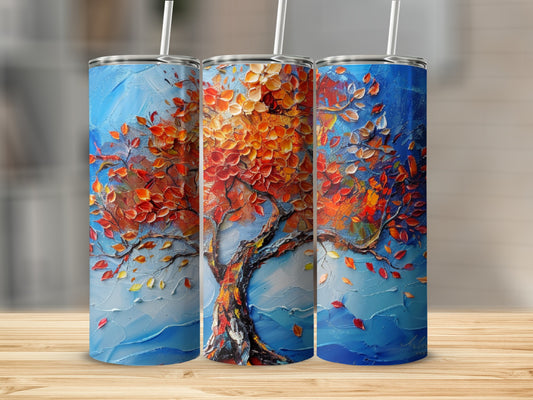 Three tumblers with a textured painting of a vibrant orange and red tree.