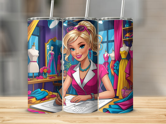 Barbie designs fashion in a bright studio with mannequins and colorful dresses.