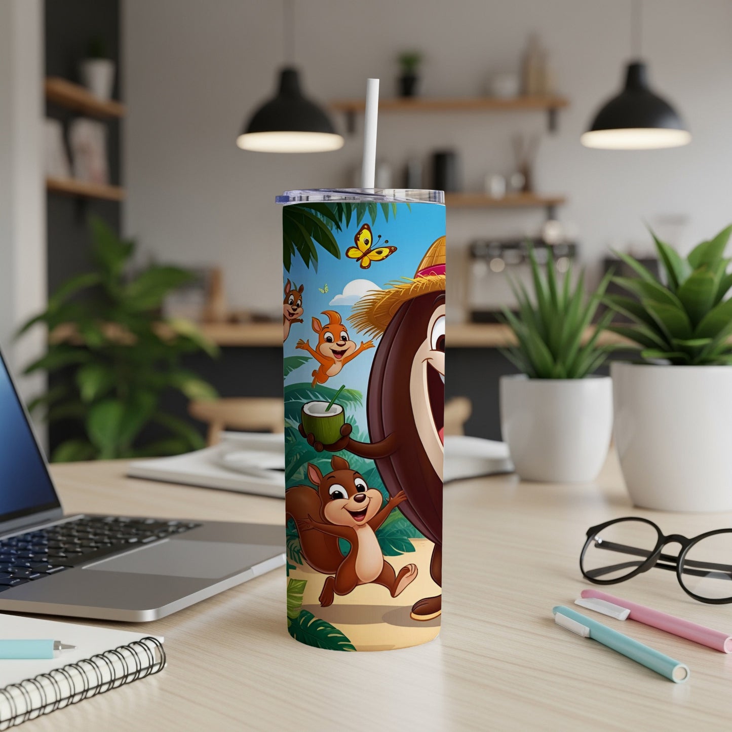 Coconut character with squirrels on a beach, holding a coconut drink.