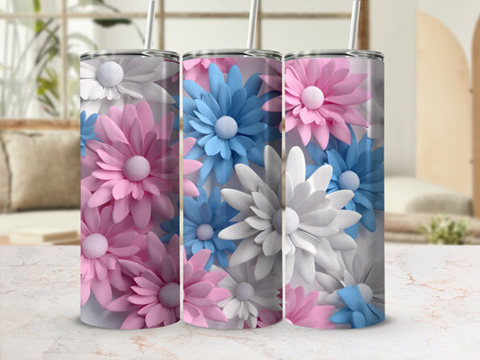 Three tall tumblers with a floral pattern in pink, white, and blue.