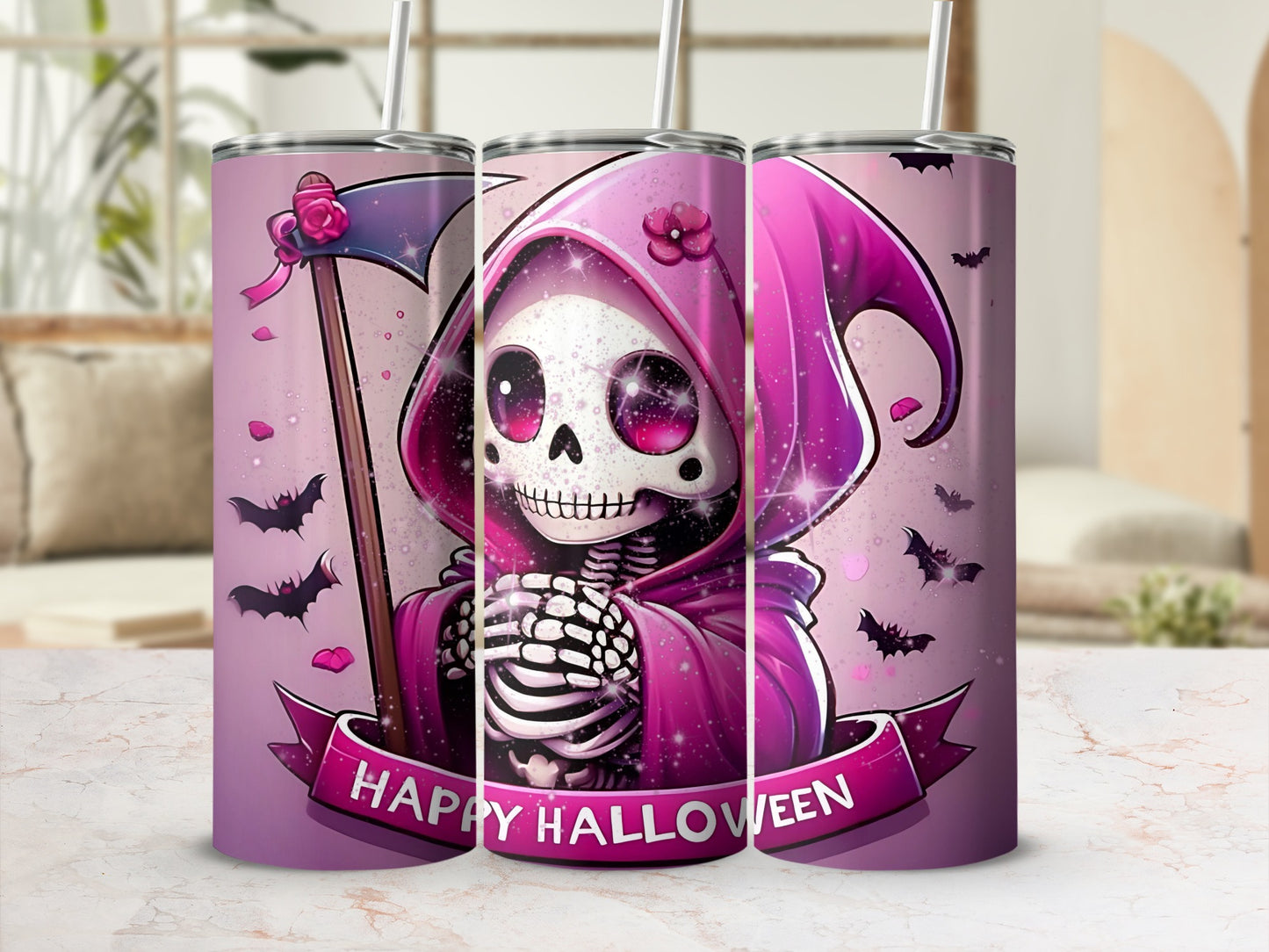 Happy Halloween Skeleton Tumbler With Pink Hood Design