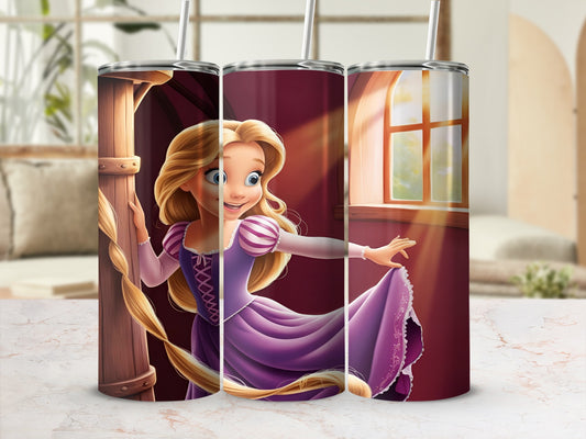 Rapunzel in a purple dress with long blonde hair, holding a straw.