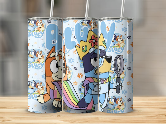 Three Bluey character tumblers with rainbow and magnifying glass designs.
