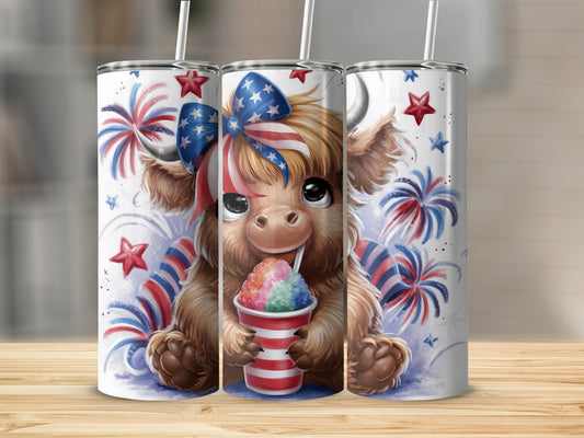 Cute cartoon cow holding a rainbow slushie with patriotic fireworks.