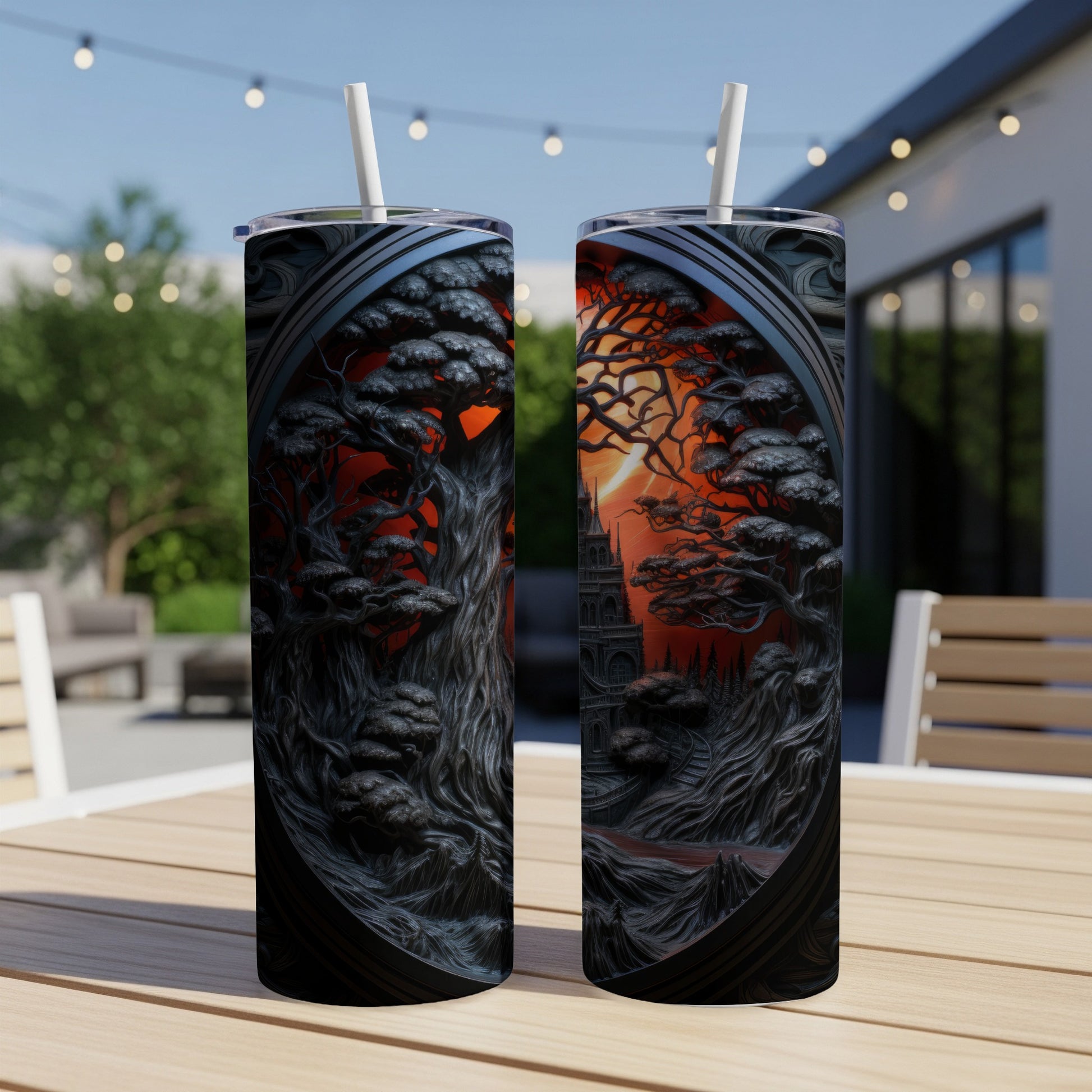 Two tumblers with a dark, textured forest and castle design against an orange sky.