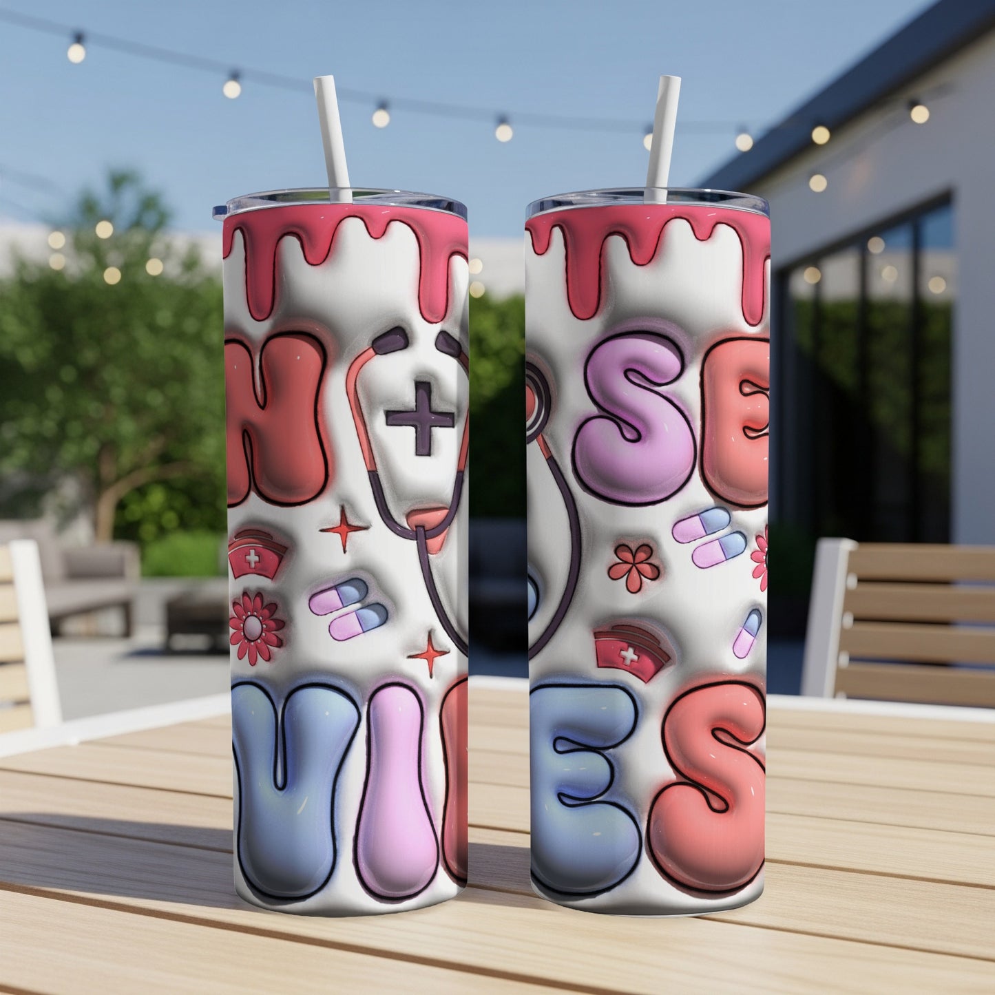 Two tumblers with "Nurse Life" text and medical icons.
