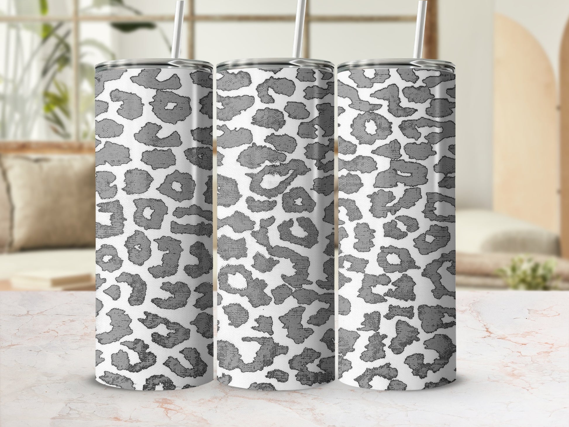 Gray Leopard Print Tall Tumbler with Straw Drinkware