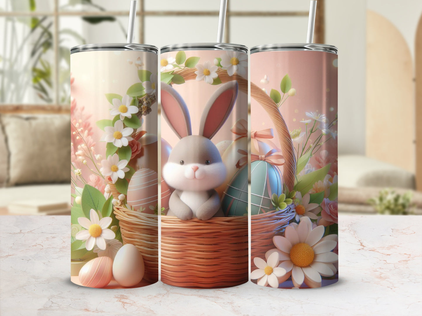 Easter bunny peeking from basket with painted eggs and flowers.