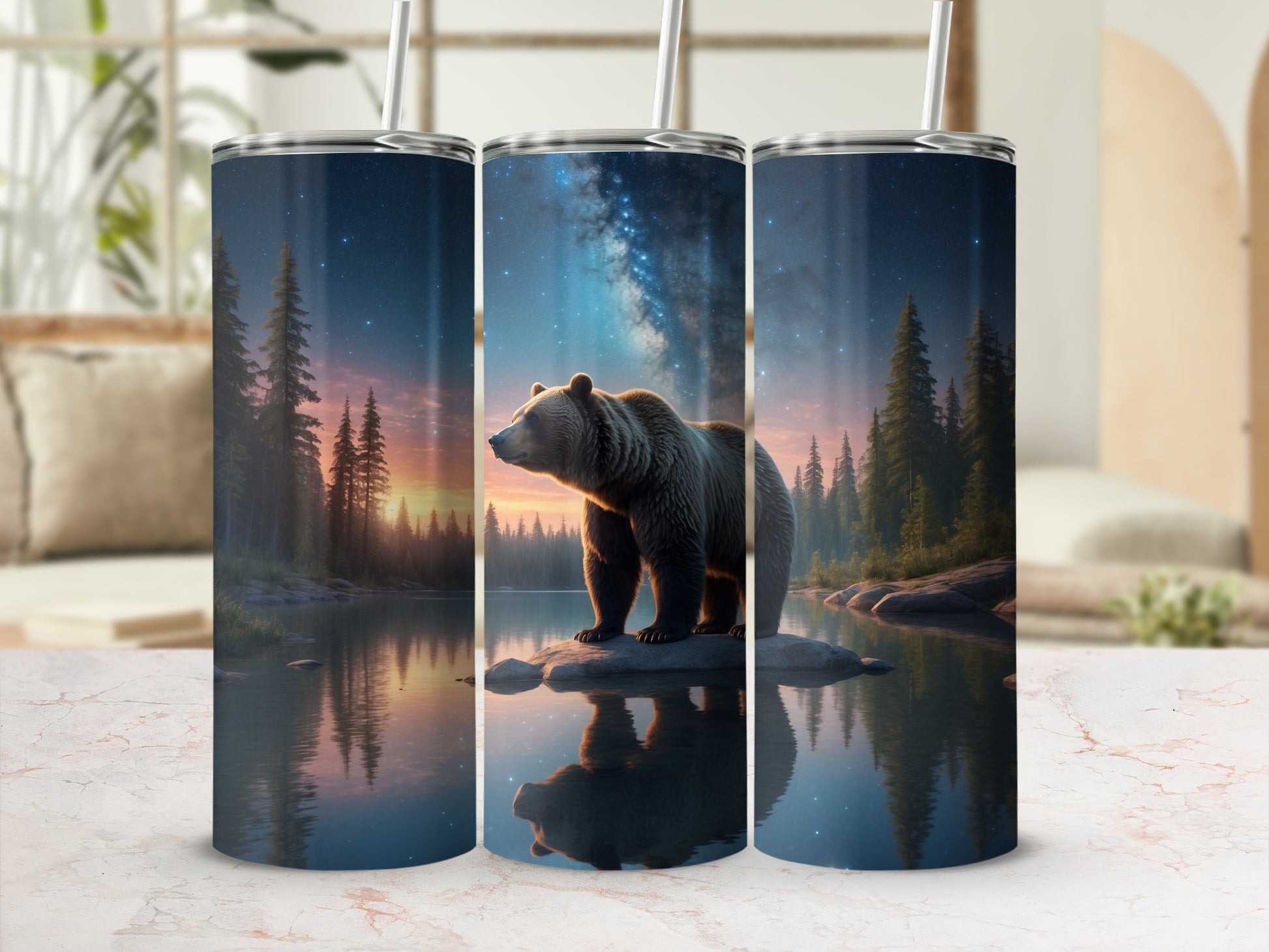 Grizzly bear on a rock in a starry forest lake landscape.