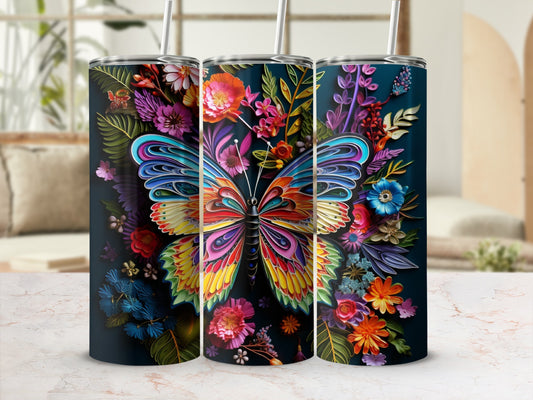 Colorful butterfly and floral design on a dark background.