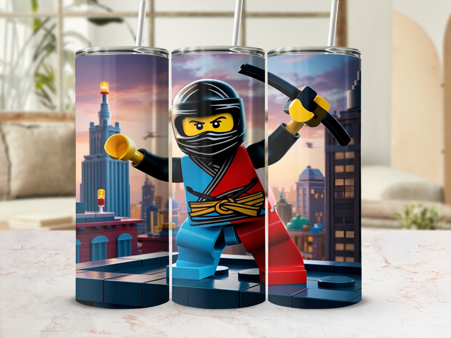 Ninjago character in blue and red armor on rooftop with city background.