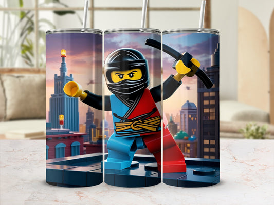 Ninjago character in blue and red armor on rooftop with city background.