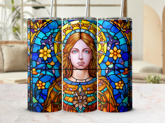 Three stained glass tumblers featuring a woman's face against a colorful, symmetrical background.