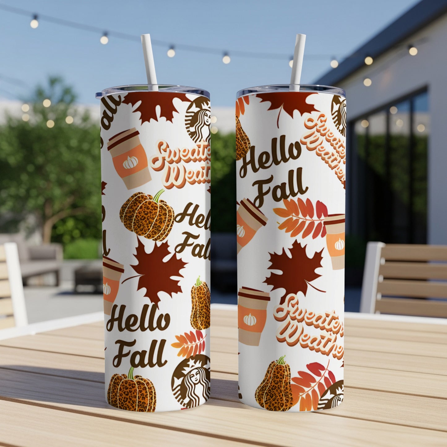 Two tumblers with "Hello Fall" and "Sweater Weather" text and autumn leaf patterns.