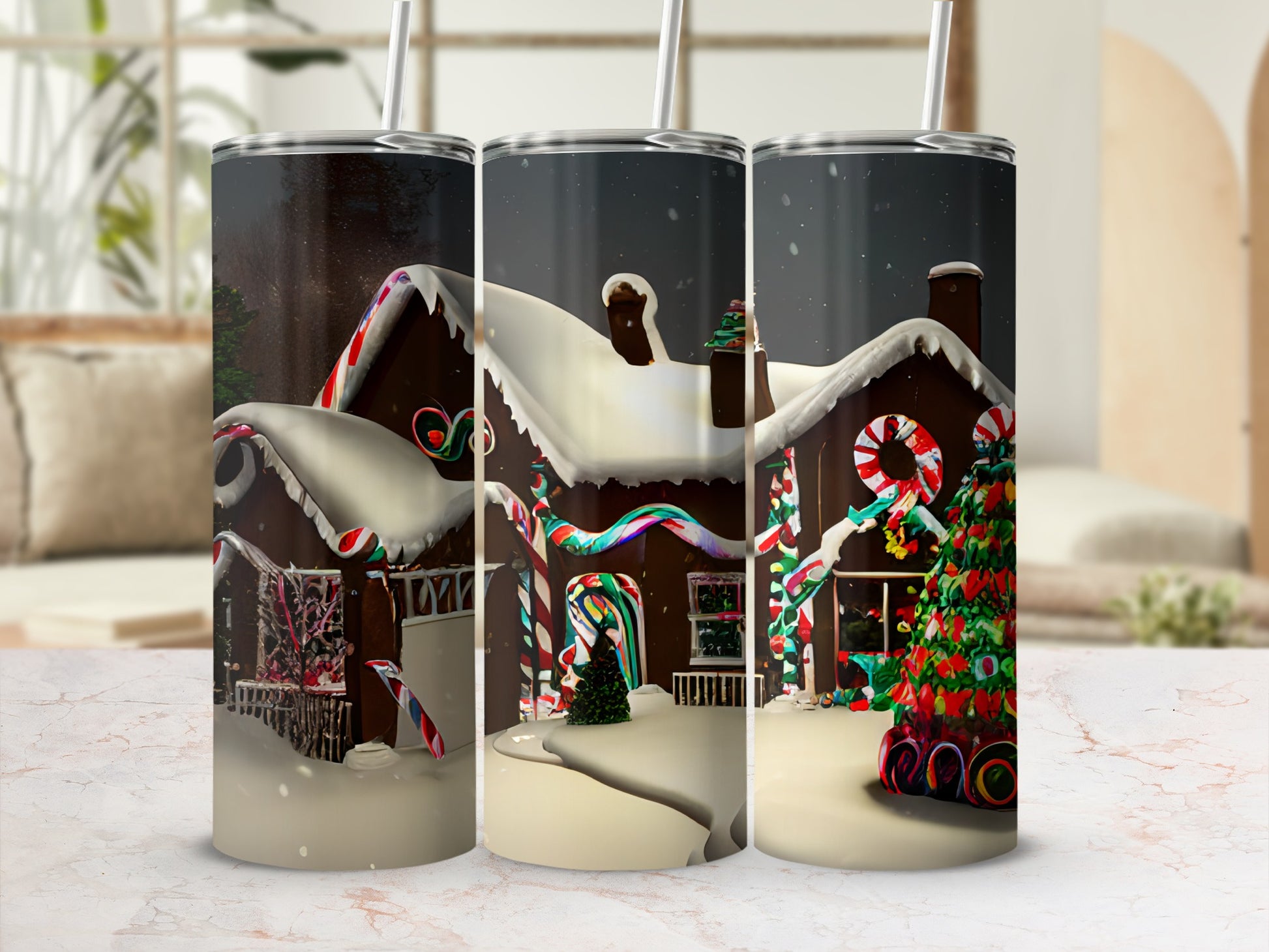Three tumblers featuring a frosted gingerbread house and Christmas tree.