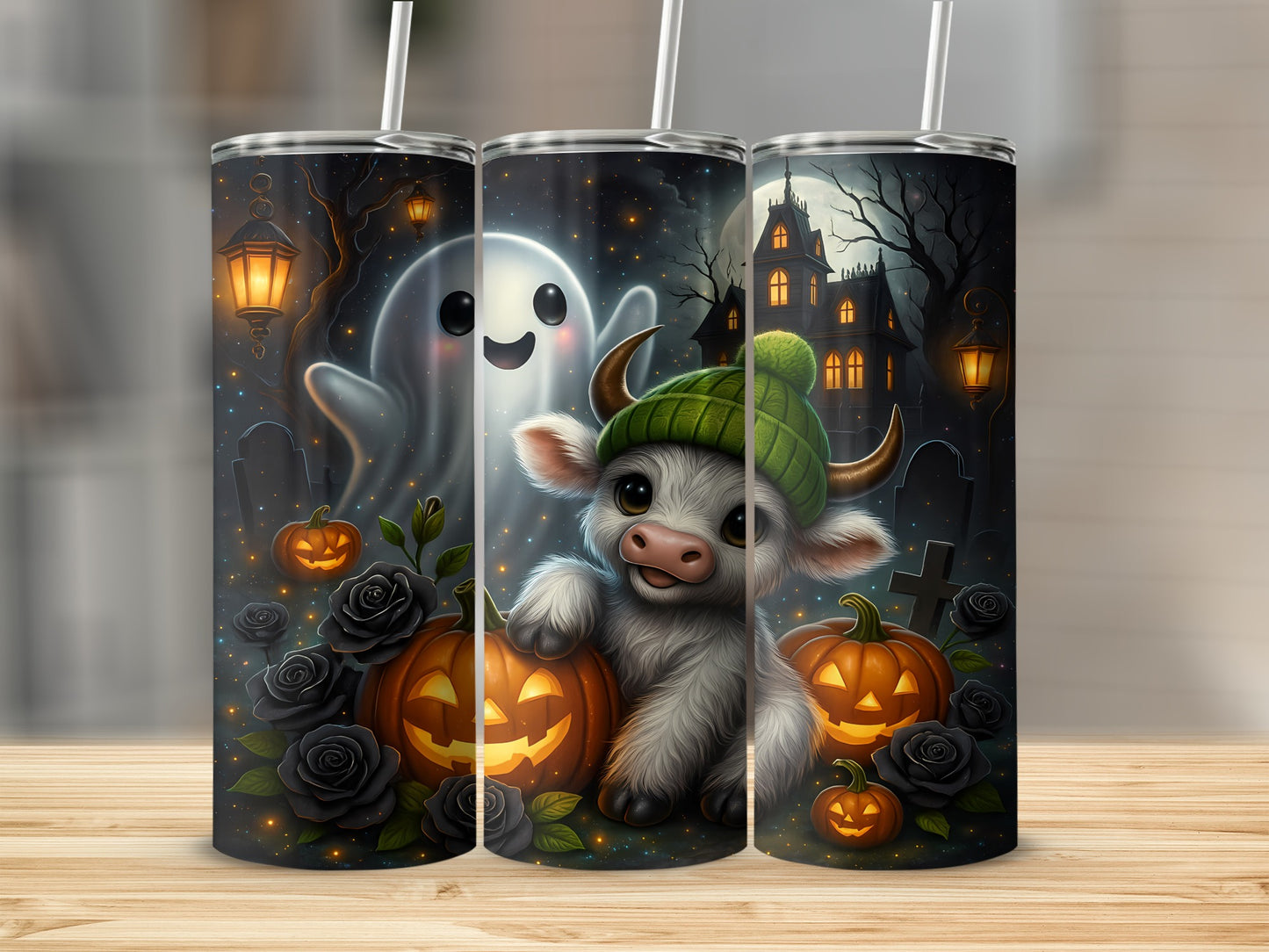 Cute cow with green hat and ghost by pumpkins and black roses.