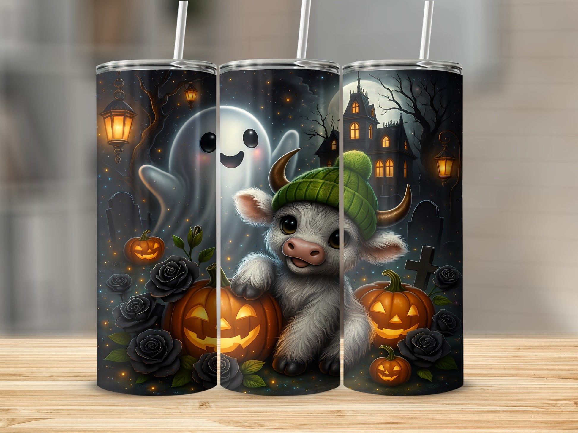 Cute cow with green hat and ghost by pumpkins and black roses.