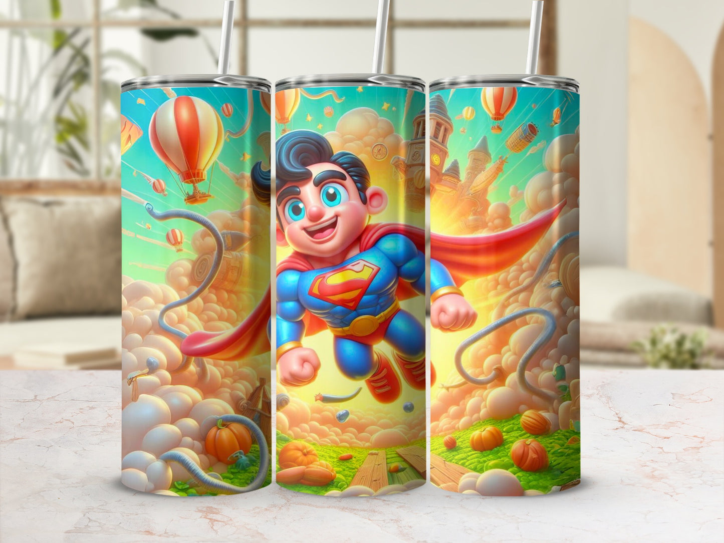 Superhero Theme Colorful Flying Character Tumbler