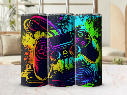 Gaming controller with colorful abstract paint splatters and wires.