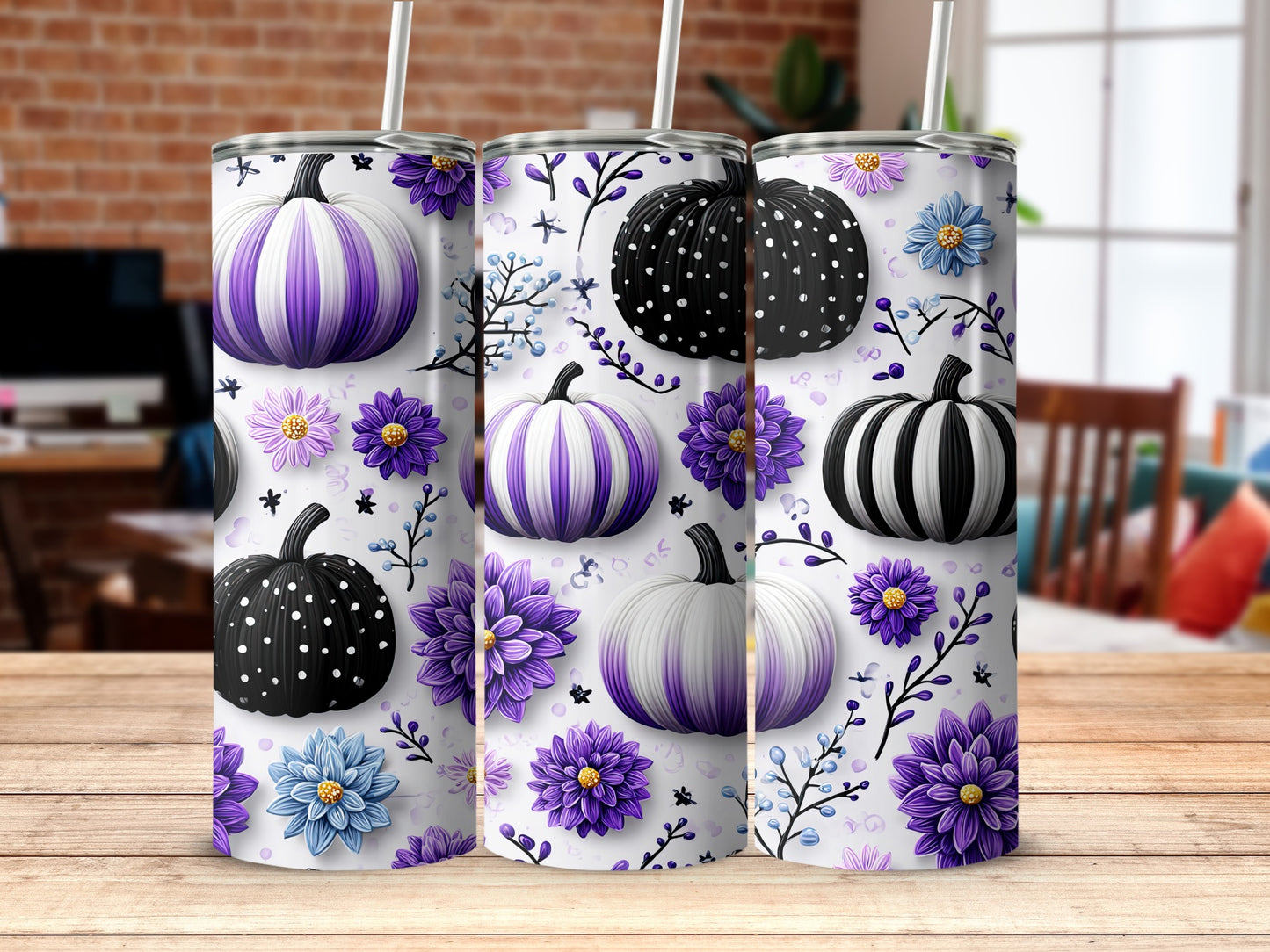 Purple and Black Pumpkin Floral Pattern Tumbler