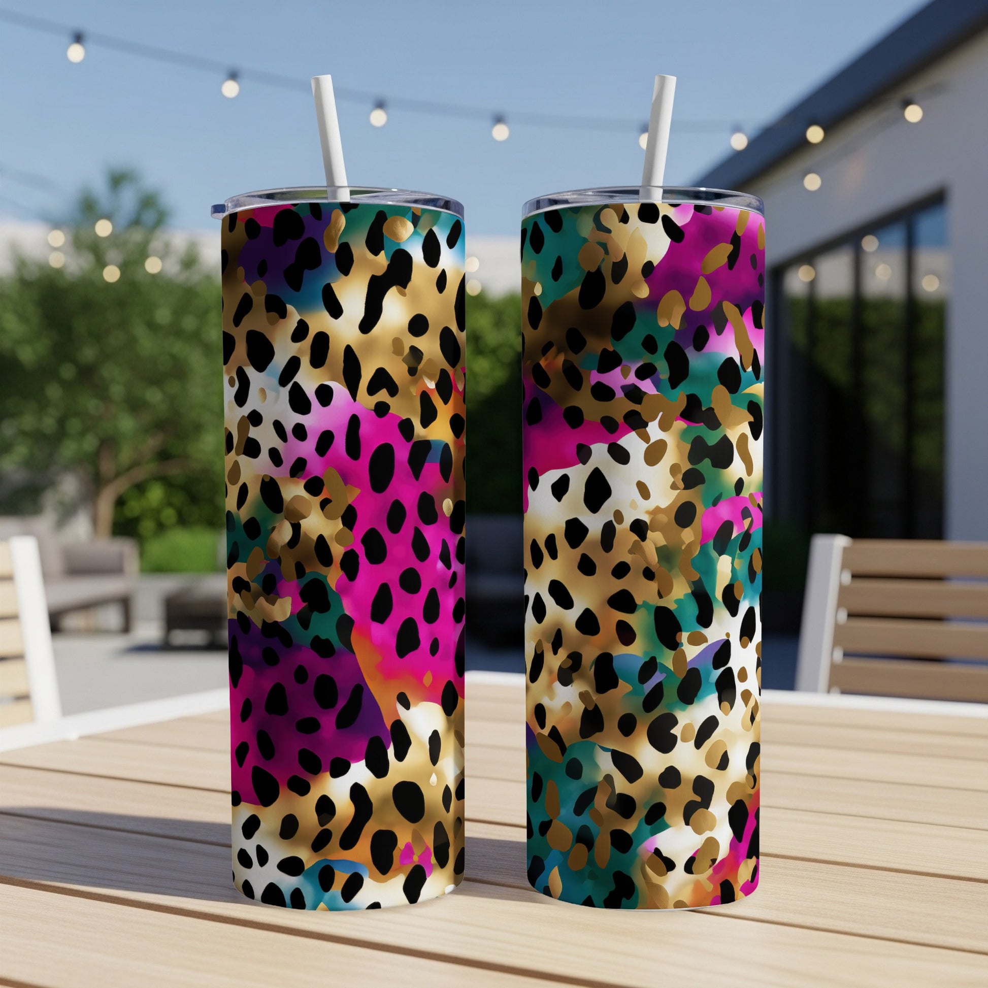 Two tall tumblers with a colorful leopard print design sit on a table.