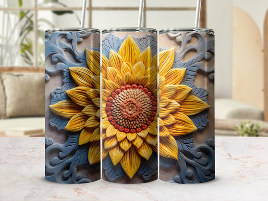 Three tumblers featuring a sculpted sunflower design.