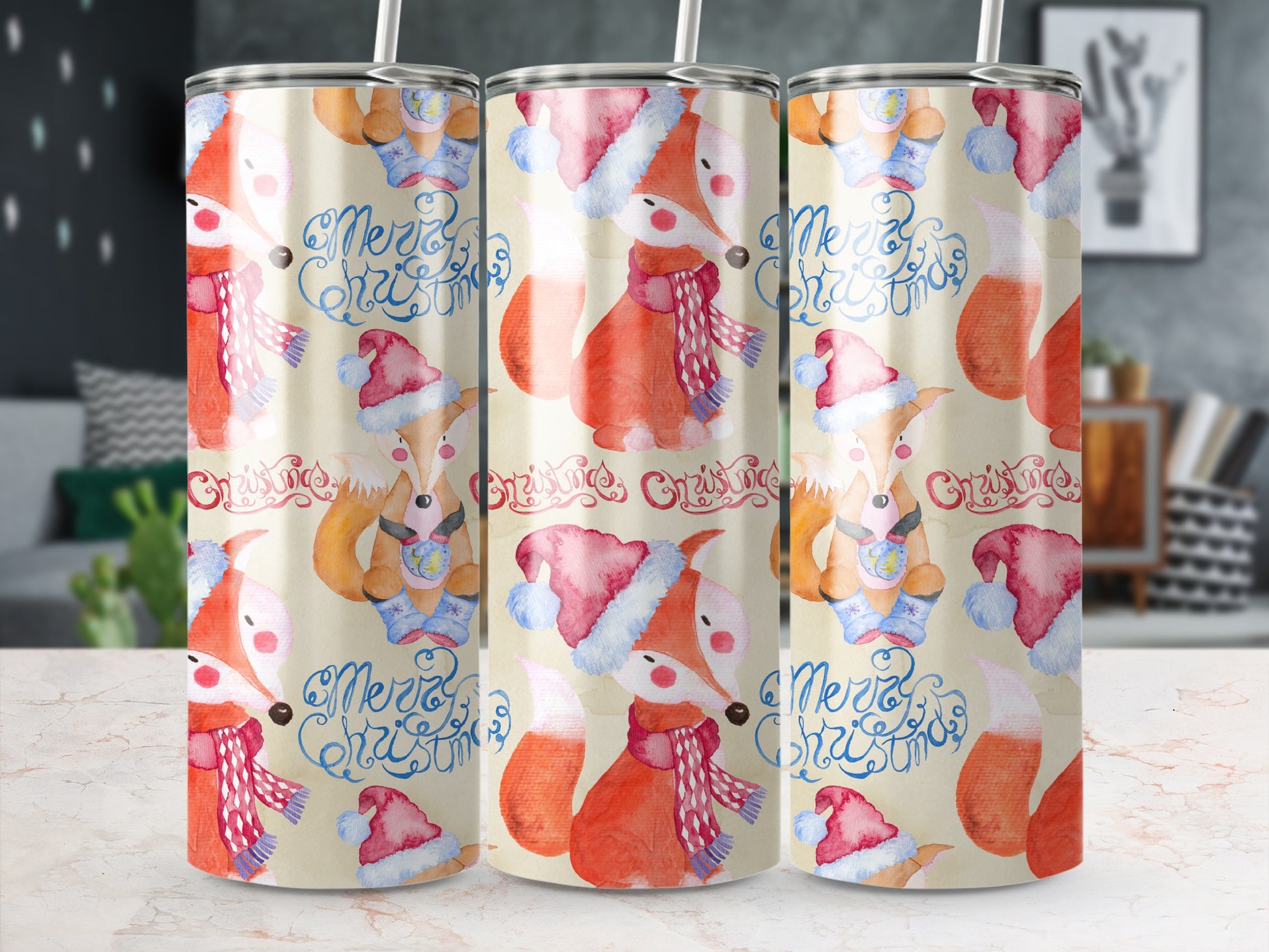 Watercolor foxes in Santa hats and scarves, with "Merry Christmas" text.