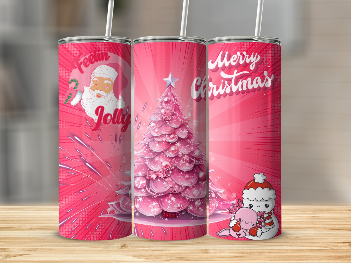 Festive Christmas Pink Tumblers with Cute Designs