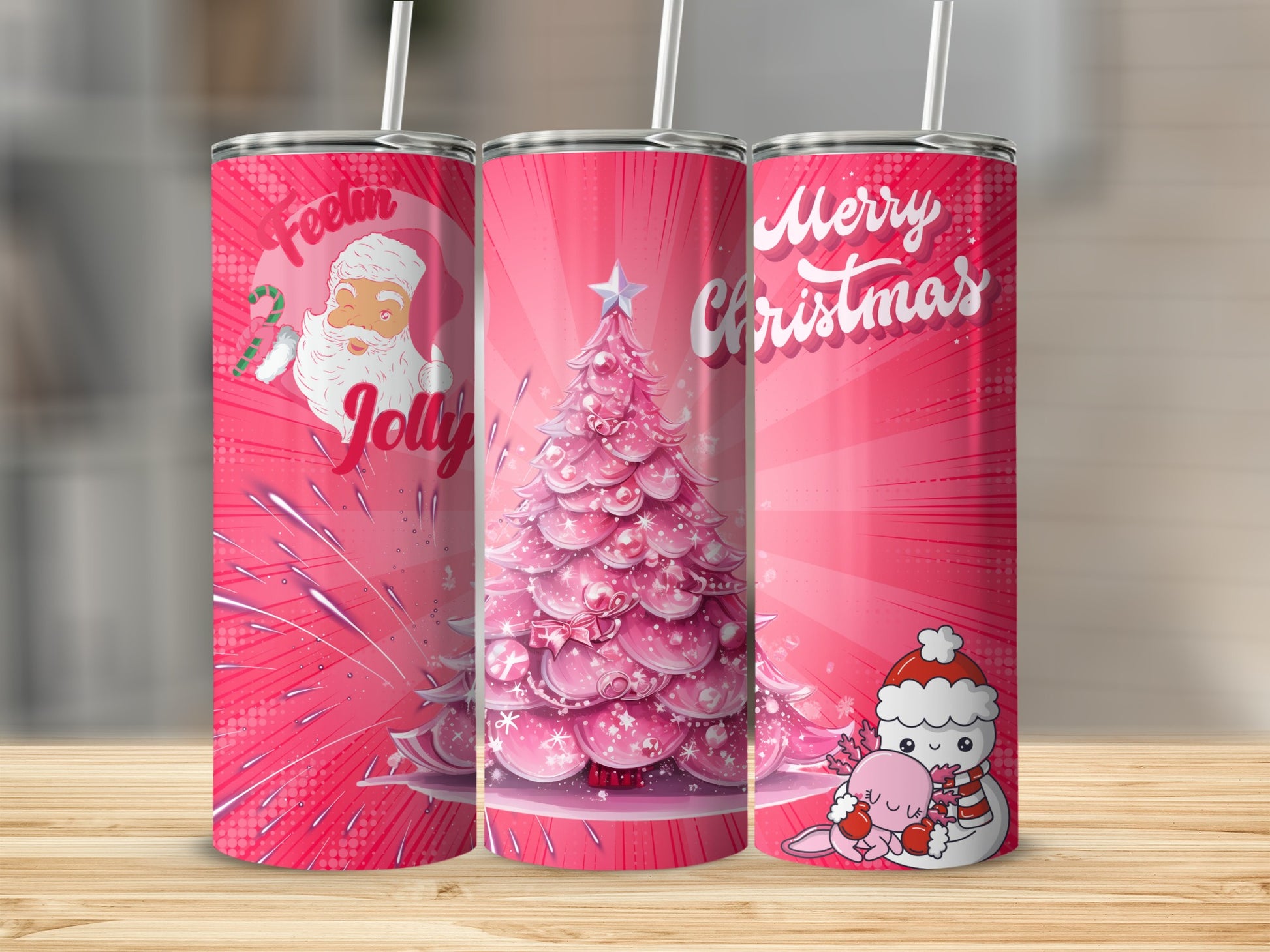 Festive Christmas Pink Tumblers with Cute Designs