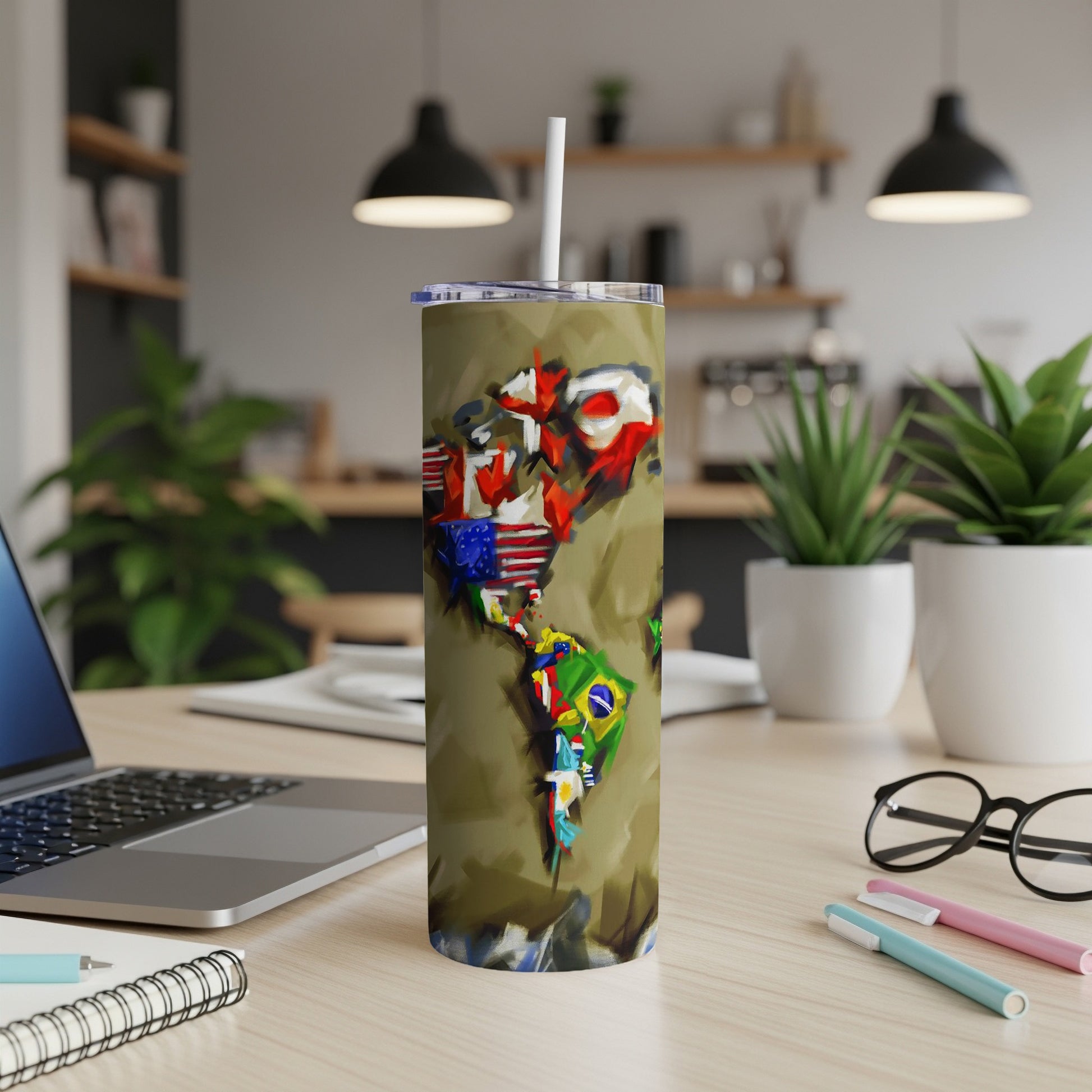 Tervis tumbler with continent shapes made of national flags.