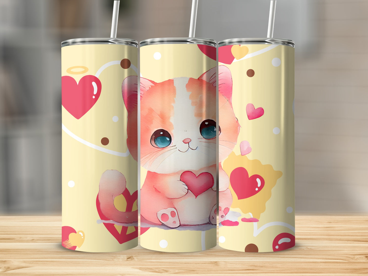 Cute Kitten with Heart Print Tumbler